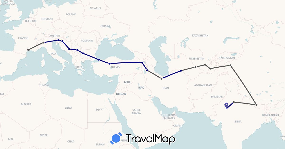 TravelMap itinerary: driving, motorbike in Armenia, Bosnia and Herzegovina, Bulgaria, China, France, Croatia, India, Iran, Italy, Nepal, Serbia, Slovenia, Tajikistan, Turkmenistan, Turkey, Uzbekistan (Asia, Europe)
